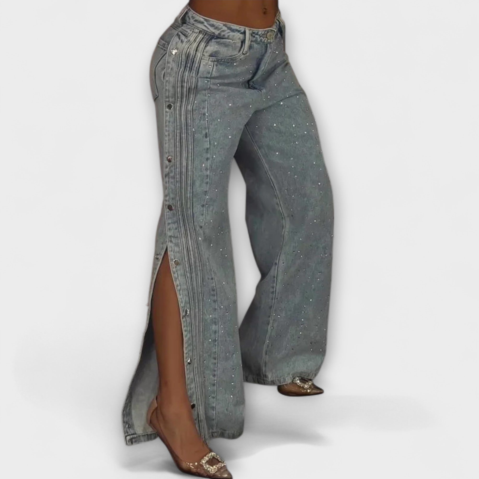 Nola - High-Waisted Jeans with Rhinestone Embellishments and Side Buttons