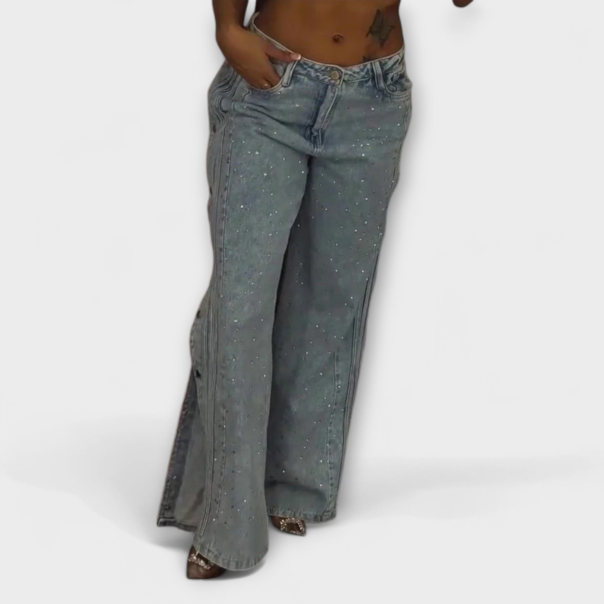 Nola - High-Waisted Jeans with Rhinestone Embellishments and Side Buttons