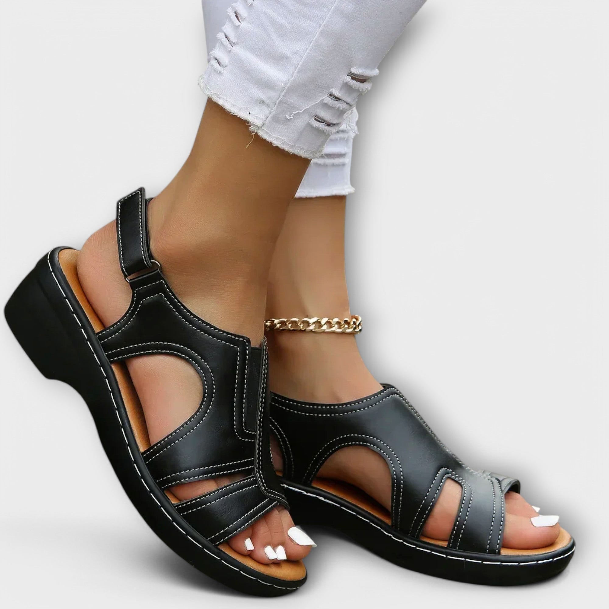 Christina - Orthopaedic Leather Sandals with Comfort Heel