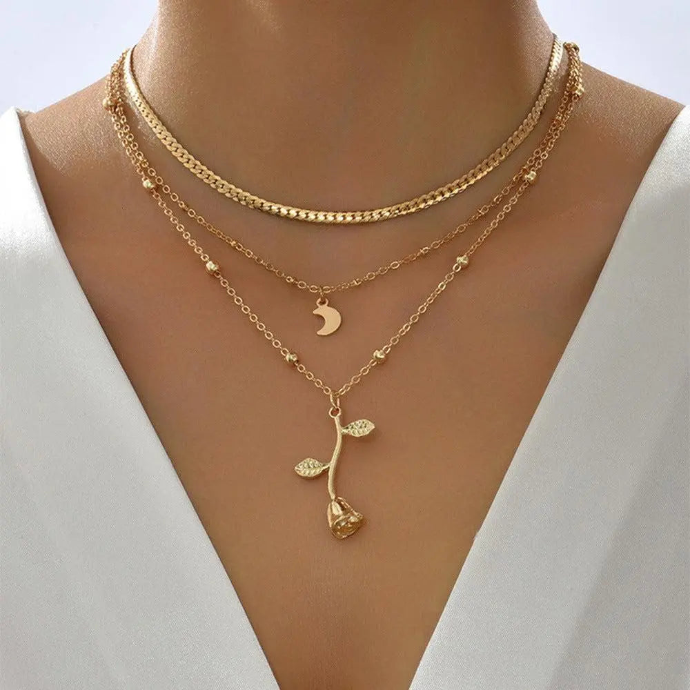 Golden Rose Pendant Necklace Set