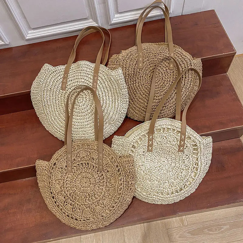 Willow | Circular Woven Handbag with Faux Leather Handles