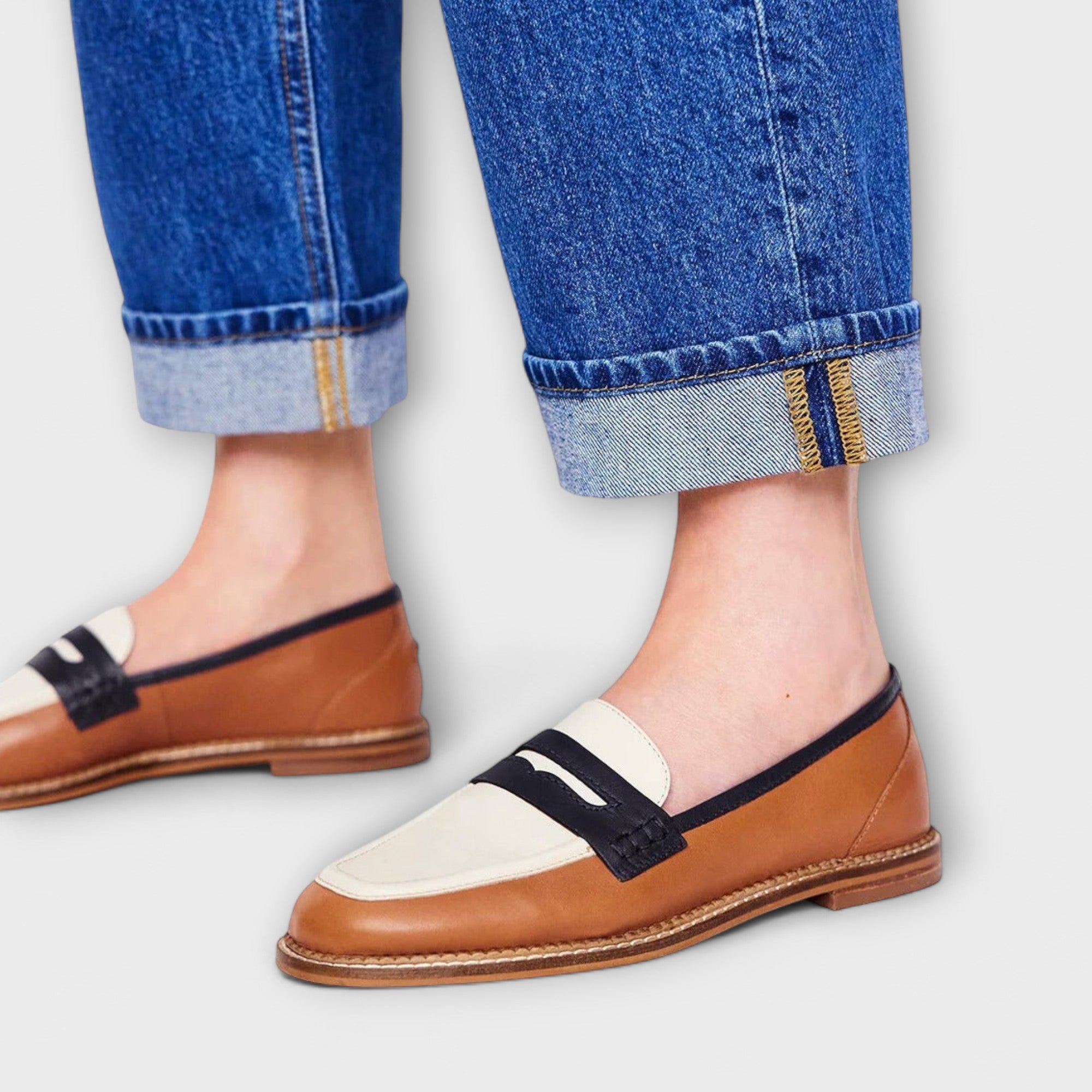 Oceane – Brown Round Toe Loafers with Color Block Design