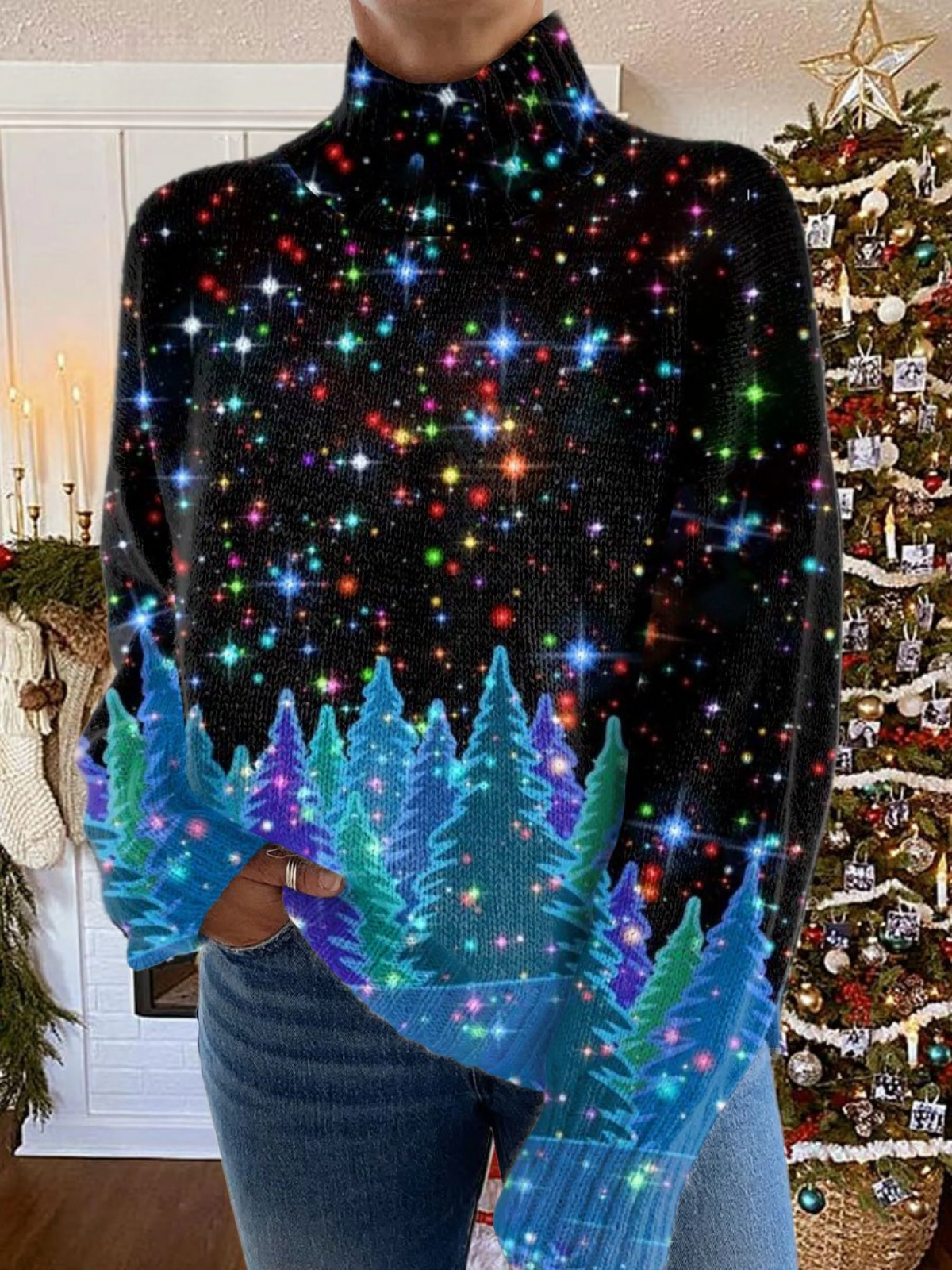 Suzanne | Shiny Christmas print turtleneck sweater