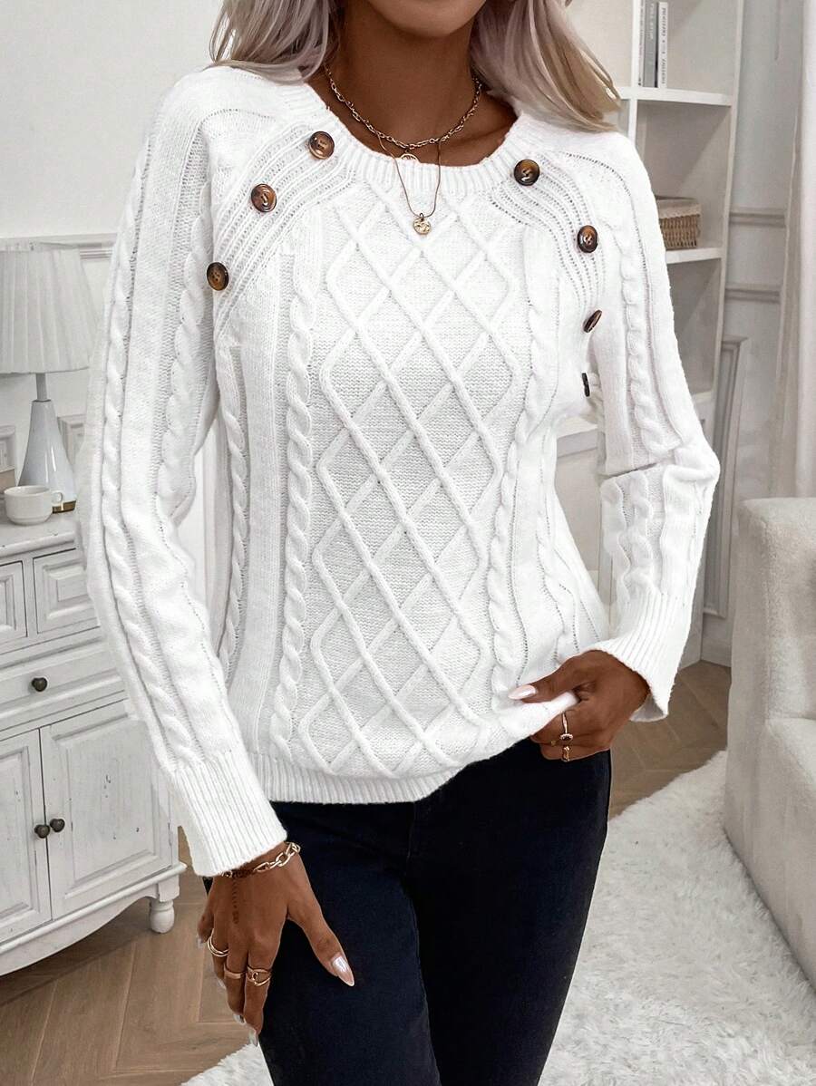 Clara | Button-Detail Cable Knit Jumper