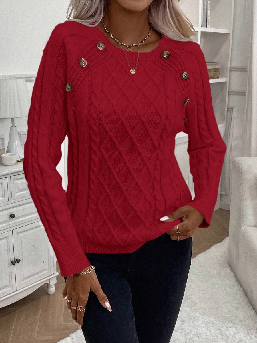 Clara | Button-Detail Cable Knit Jumper