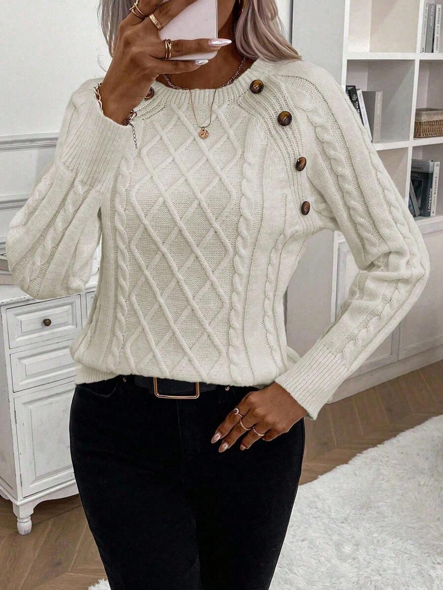 Clara | Button-Detail Cable Knit Jumper
