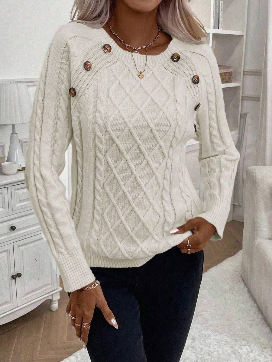 Clara | Button-Detail Cable Knit Jumper