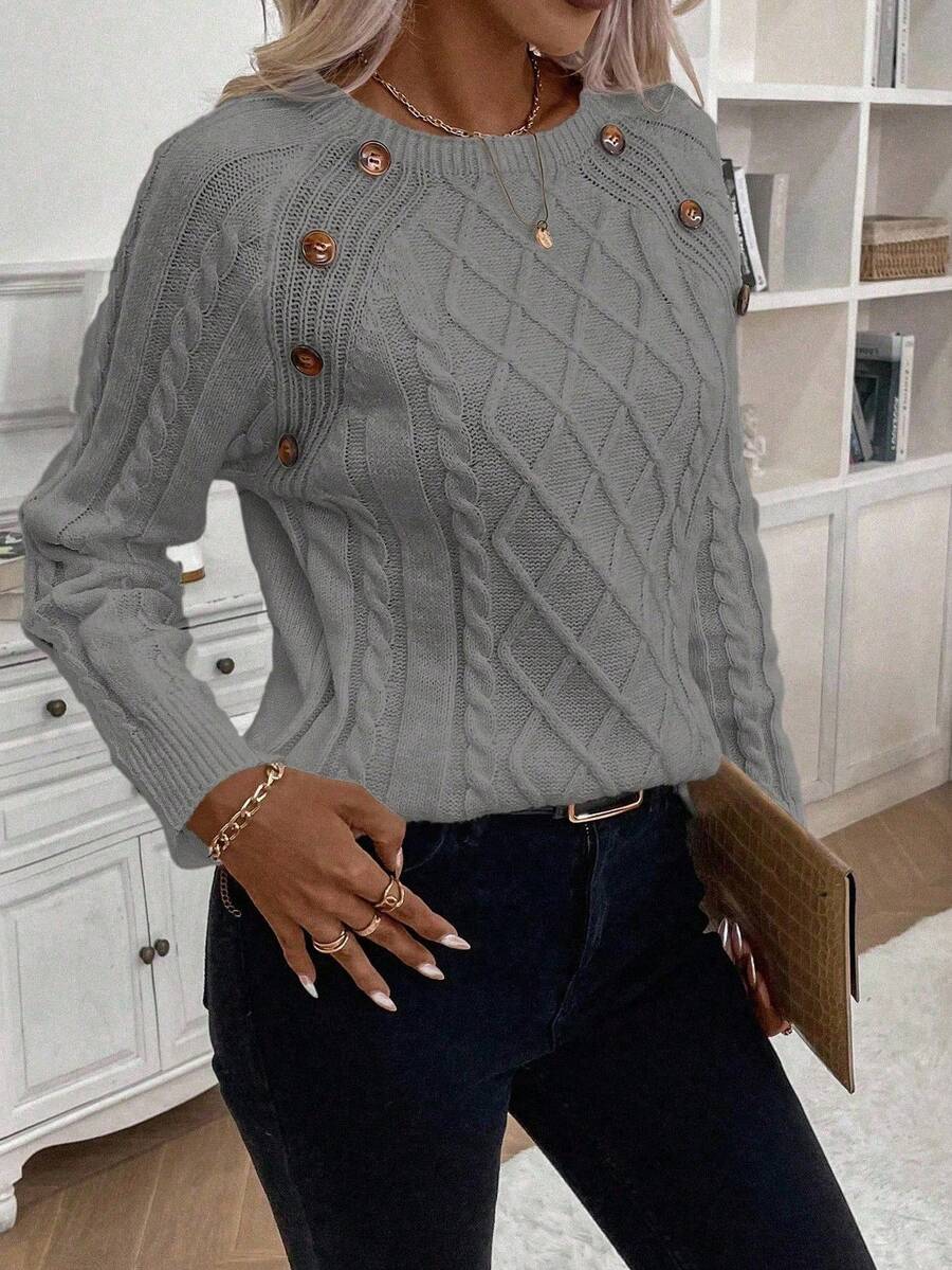 Clara | Button-Detail Cable Knit Jumper