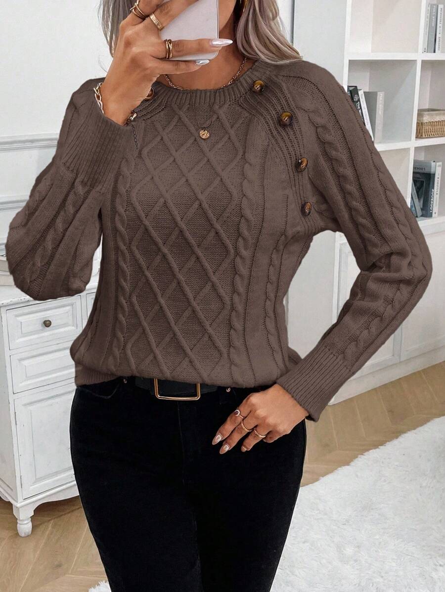 Clara | Button-Detail Cable Knit Jumper