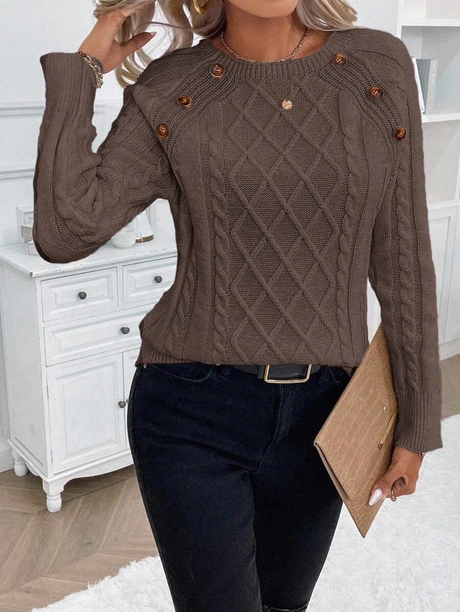 Clara | Button-Detail Cable Knit Jumper