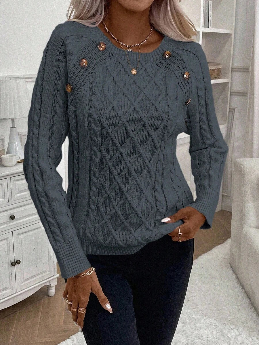 Clara | Button-Detail Cable Knit Jumper