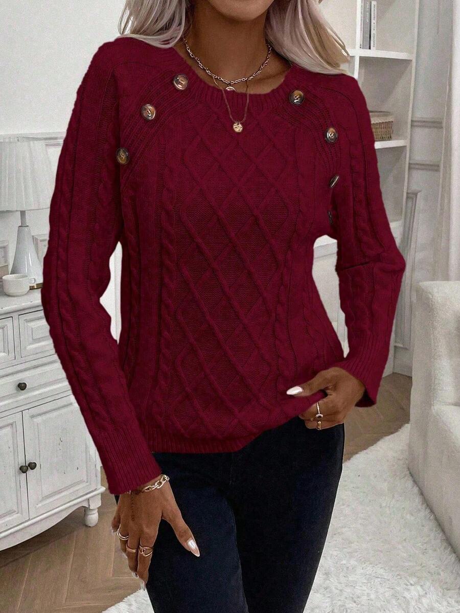 Clara | Button-Detail Cable Knit Jumper