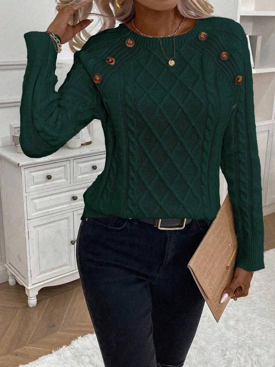 Clara | Button-Detail Cable Knit Jumper
